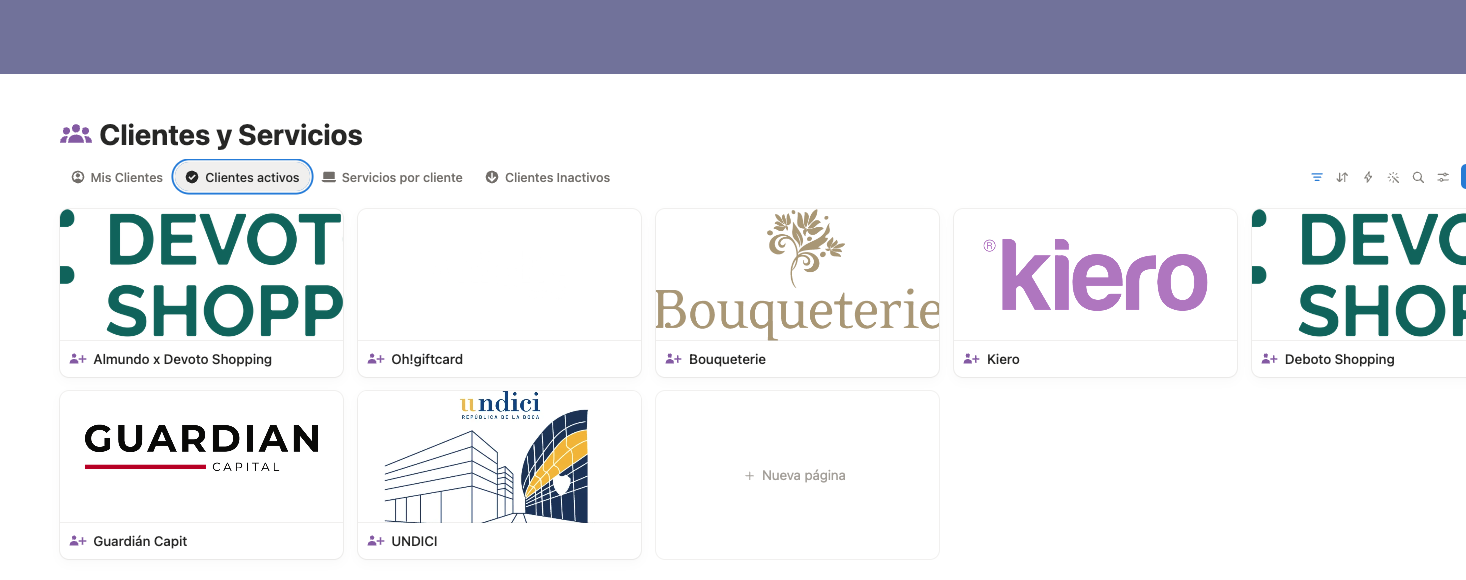 Clientes y servicios en Notion