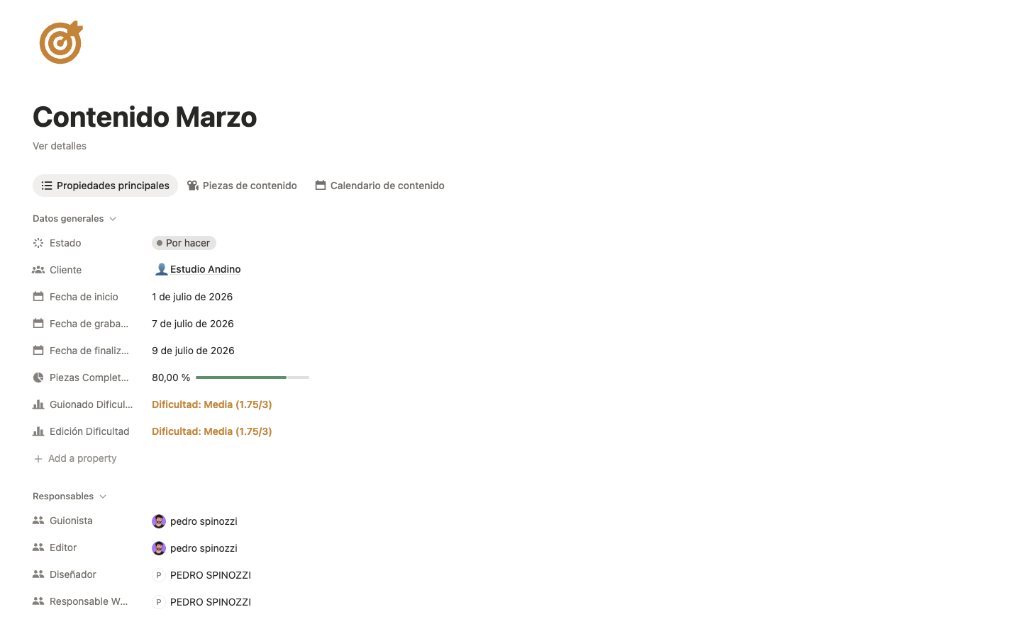 Vista de contenido mensual en Notion