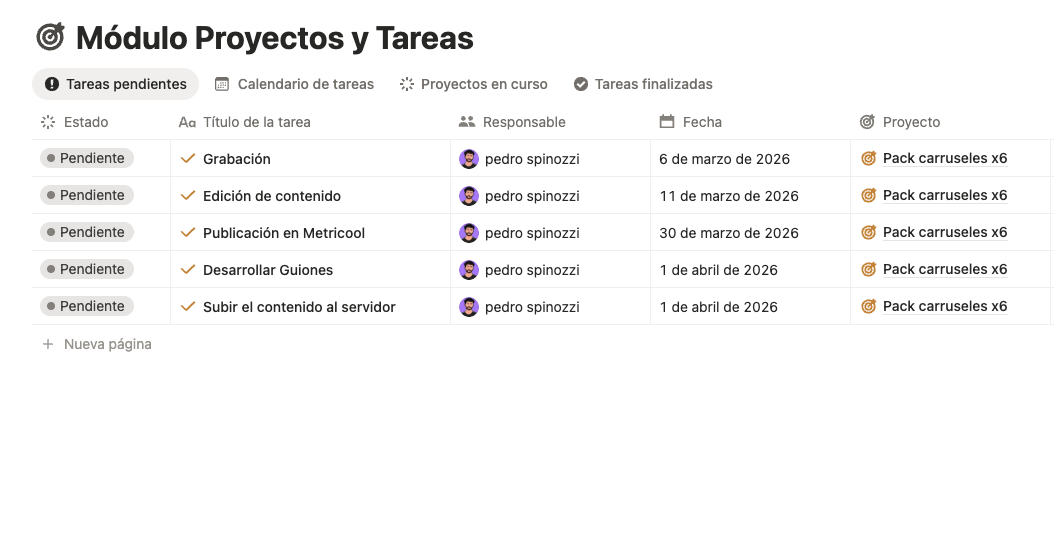Módulo de proyectos y tareas en Notion